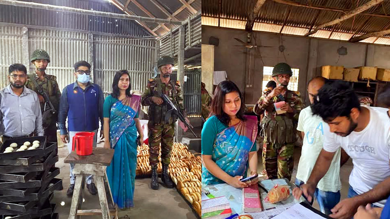 উপজেলা সহকারী কমিশনার (ভূমি) ও নির্বাহী ম্যাজিস্ট্রেট রিফাত আনজুম পিয়া ও সেনা ক্যাম্পের একটি দল । ছবি : আজকের প্রথা